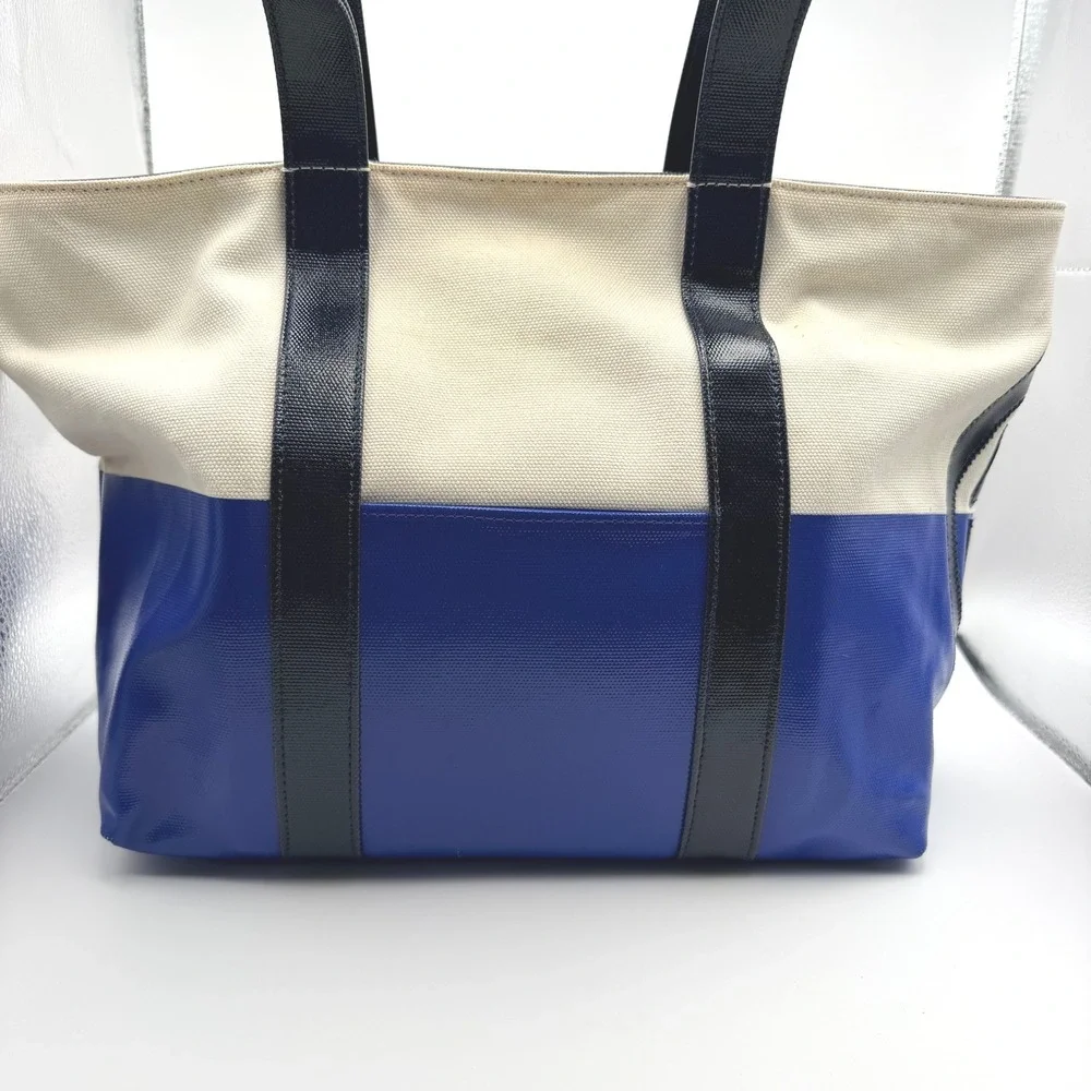 Tory Burch Ella Tote Canvas Colorblock Logo Shoulder Bag Womens Large Blue White